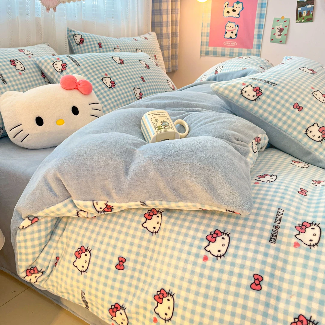 蓝色凯蒂猫印花宿舍公寓秋冬季加厚牛奶绒保暖床上用品加绒床套件