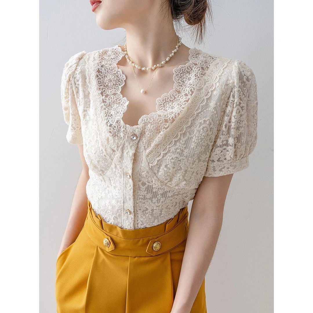杏色V领蕾丝衫上衣女士短袖2025年新款夏季时尚洋气时髦气质小衫