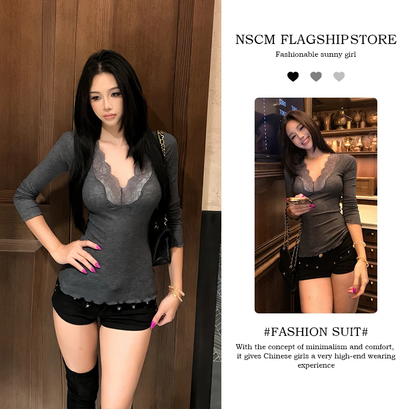 NSCM秋季新款拍照必备衣韩版修身显瘦蕾丝边vb领内搭打底衫短裤