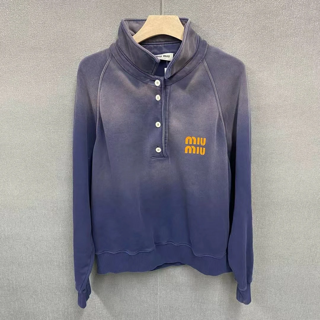 99新 MIU MIU/缪缪 渐变色水洗做旧翻领卫衣S码