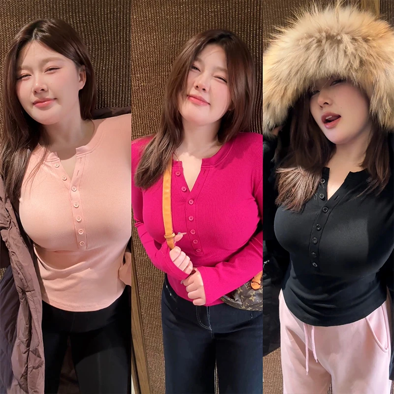 DMcc【安安】自由调节领口加厚纯欲性感半开领纽扣长袖T恤内搭