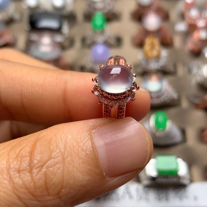 翡翠合金戒指翡翠高冰白钢戒面