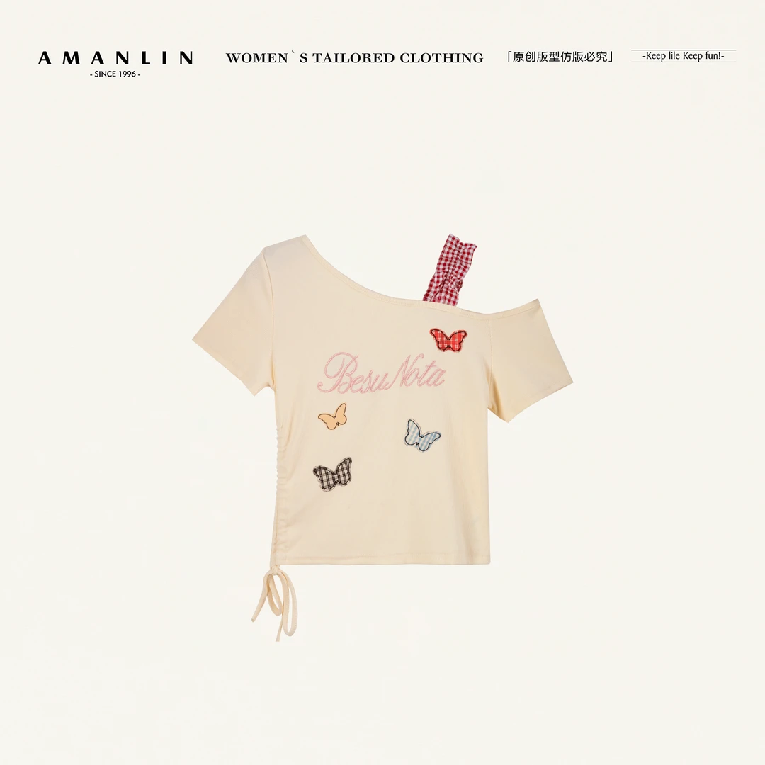 AMANLIN/阿谩琳欧若风蝶贴布露肩短袖T恤女夏季不规则上衣Y599098