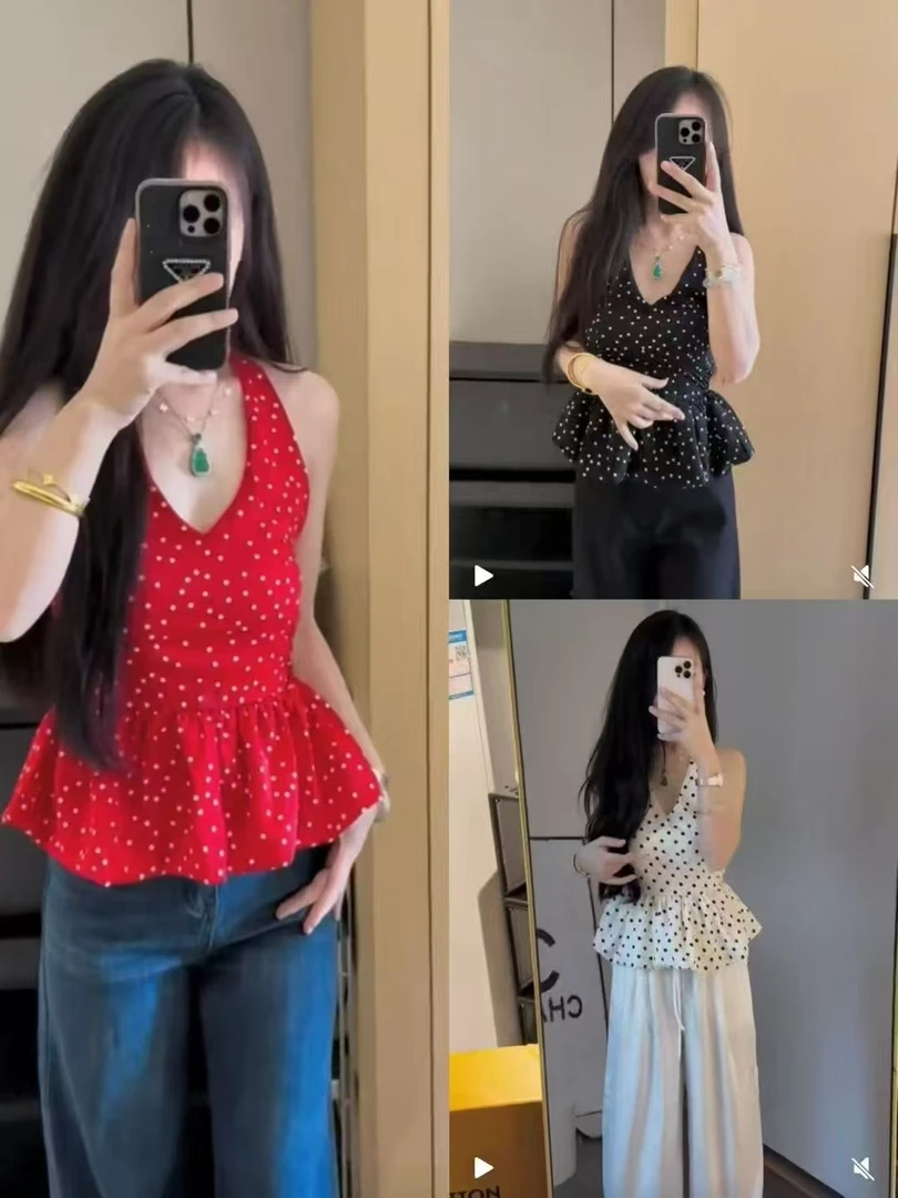 大码胖MM法式复古高级感波点挂脖露背背心小吊带收腰设计感+开衫