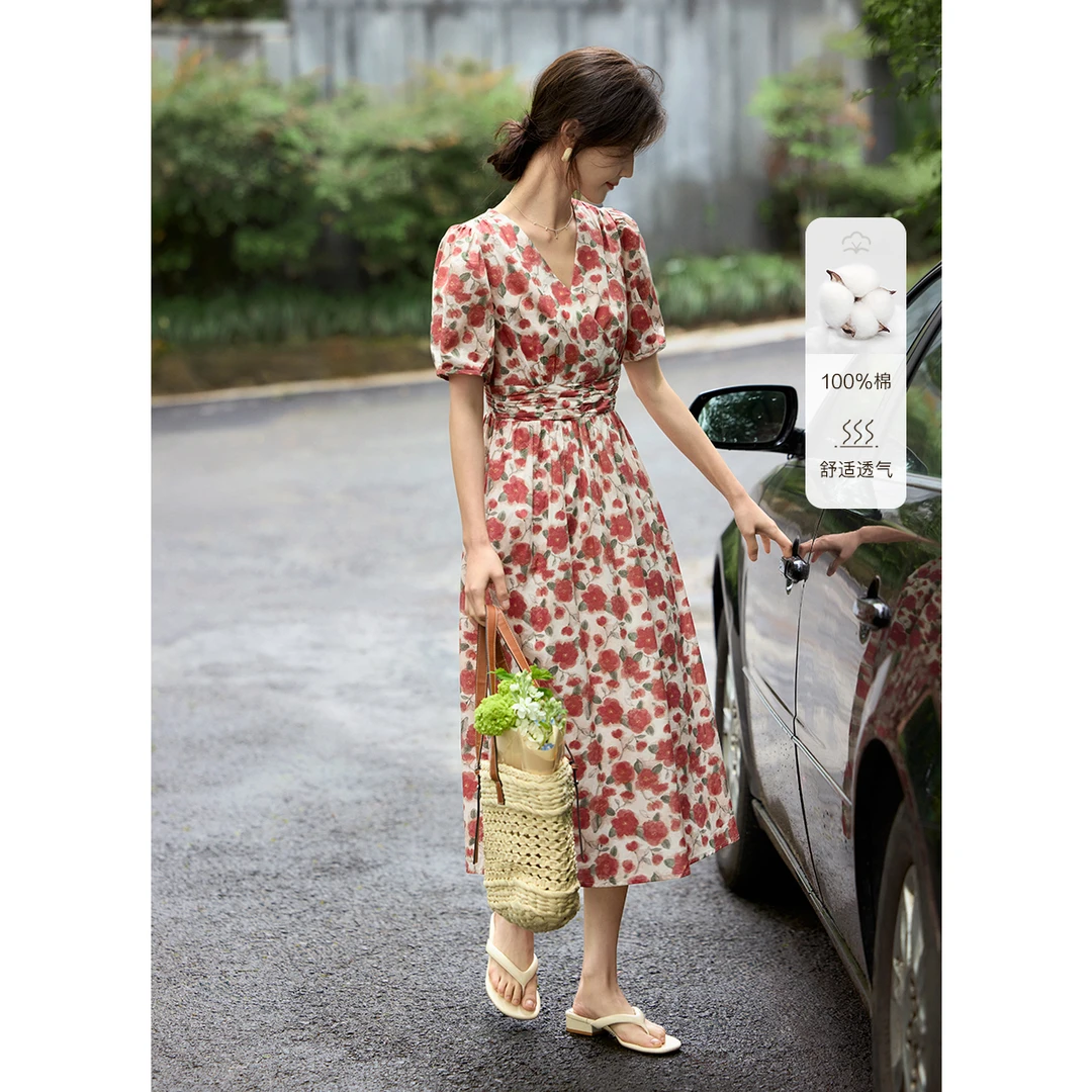 【直播】2025夏季茶歇法式V领度假印花收腰显高显瘦连衣裙1218