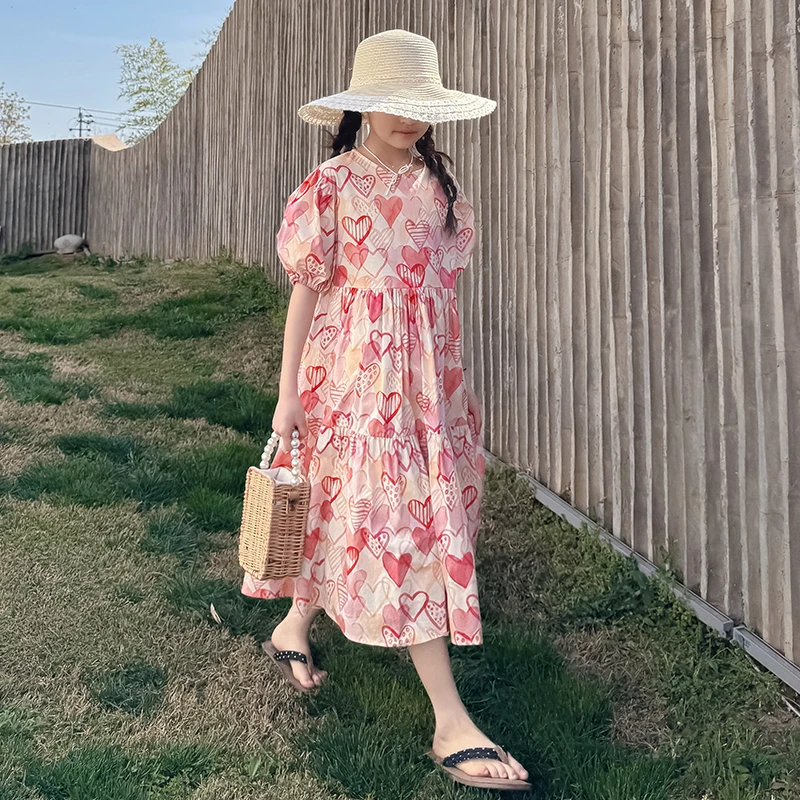 儿童连衣裙女2025新款夏装短袖裙子韩版女童甜美宽松泡泡袖公主裙