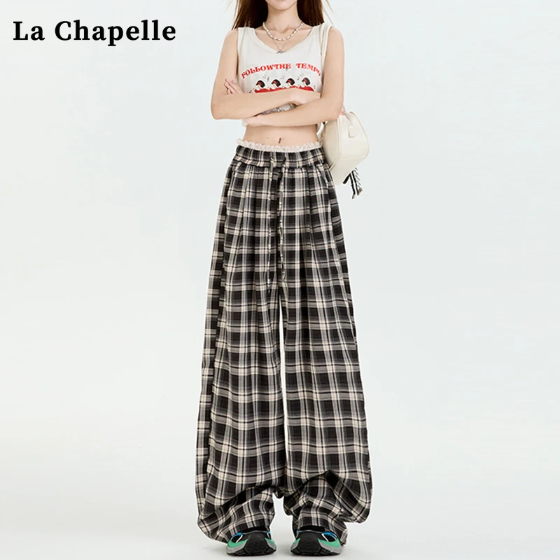 拉夏贝尔蕾丝格子阔腿休闲裤女夏季新款高腰宽松显瘦设计感直筒裤