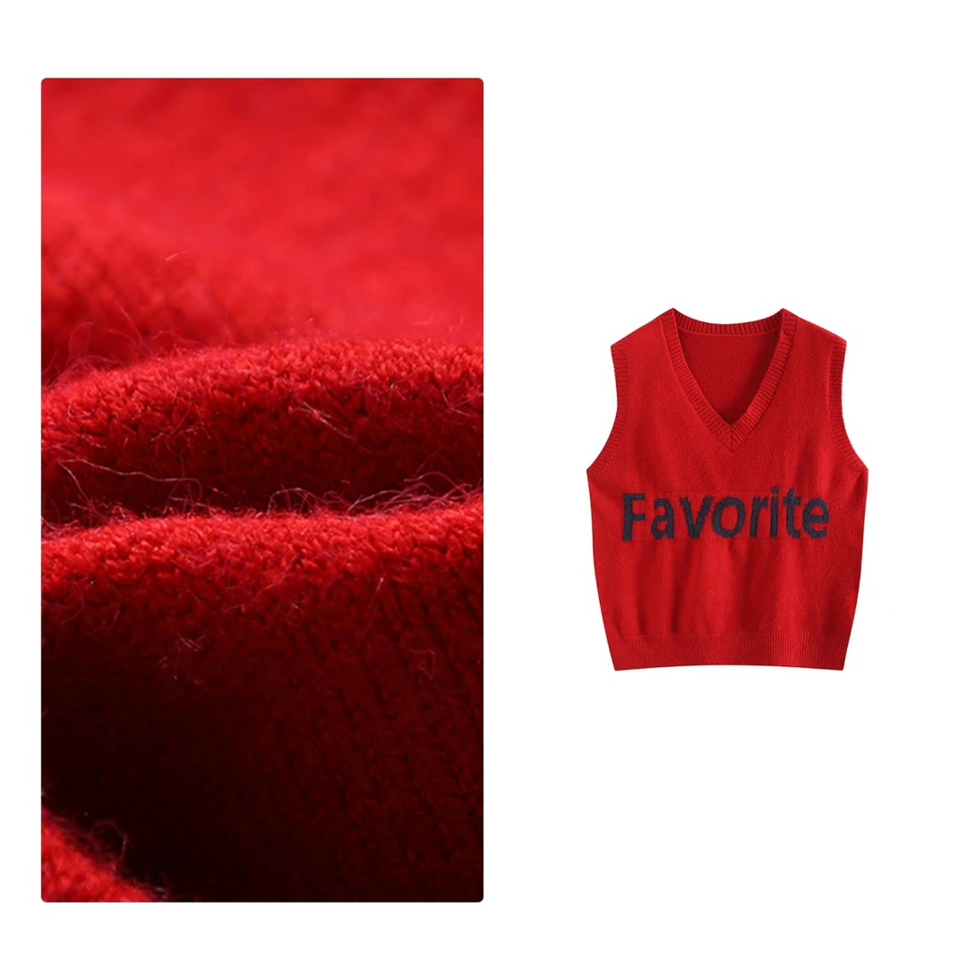 清 清 清」字母提花设计~V领百搭女式针织马夹H00489