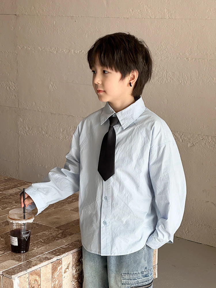 【清仓】男童全棉领带衬衫气质翻领宽松上衣25A163