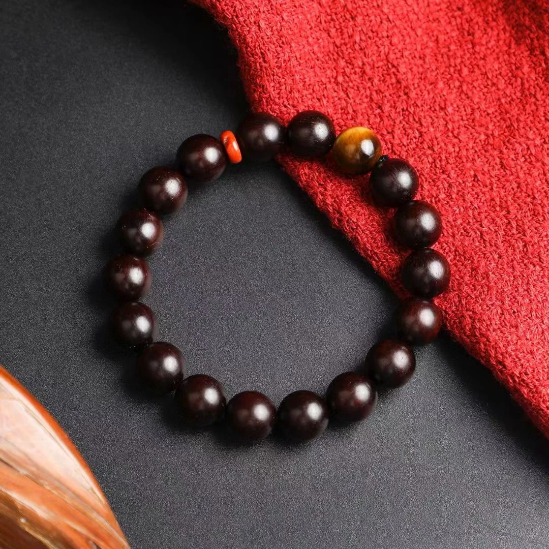 二凡木作/天然小叶紫檀木黄虎眼南红国风设计款圆珠手串