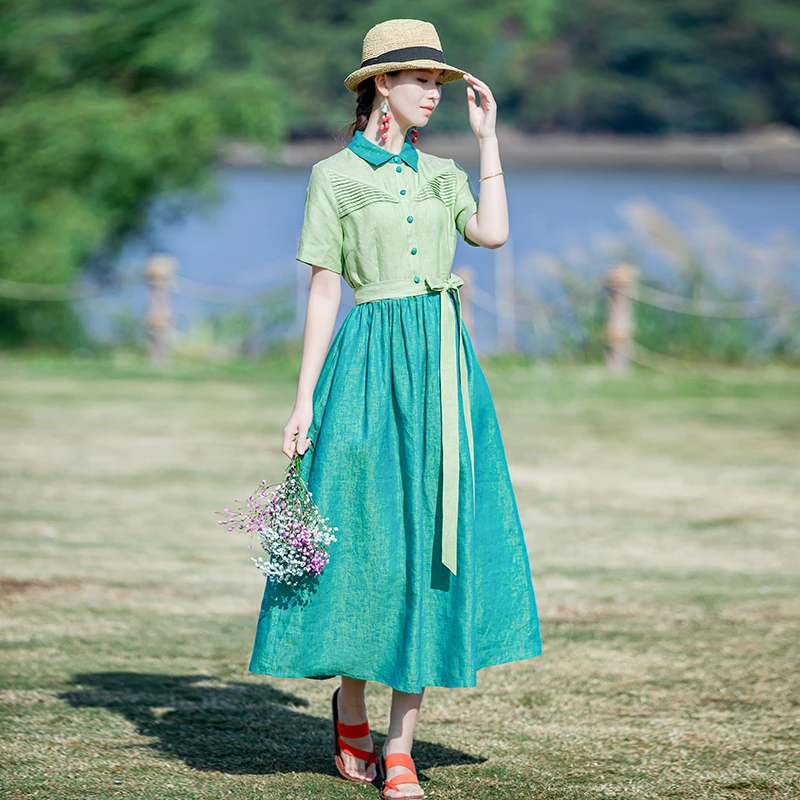 莹如衣语民族风高档亚麻色织连衣裙夏季女装拼接撞色气质2987捡漏