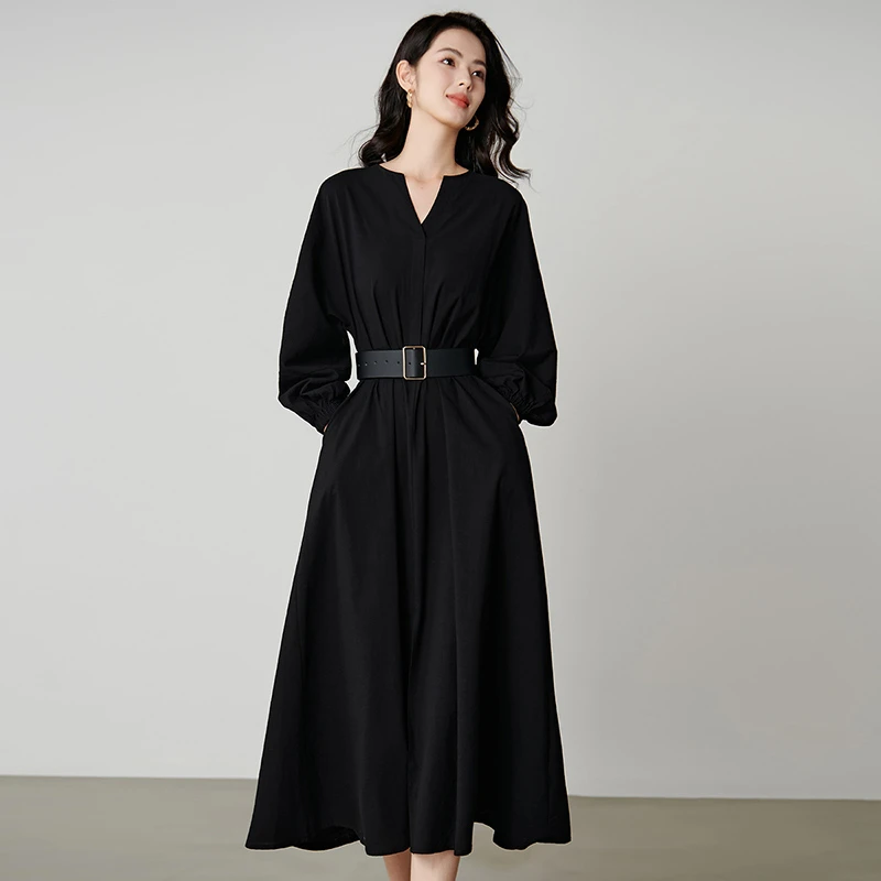 晚白高腰V领收腰法式红裙长袖连衣裙法式25070774