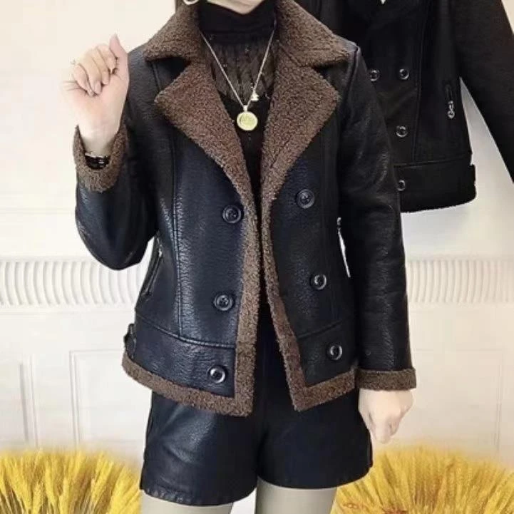 加绒加厚皮衣女2025秋冬新款韩版PU皮毛一体短款仿皮衣外套