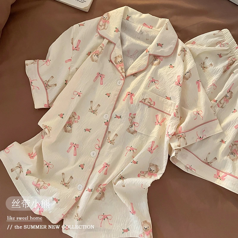 卡通薄款睡衣女夏季云朵棉短袖短裤少女翻领可外穿夏天家居服套装