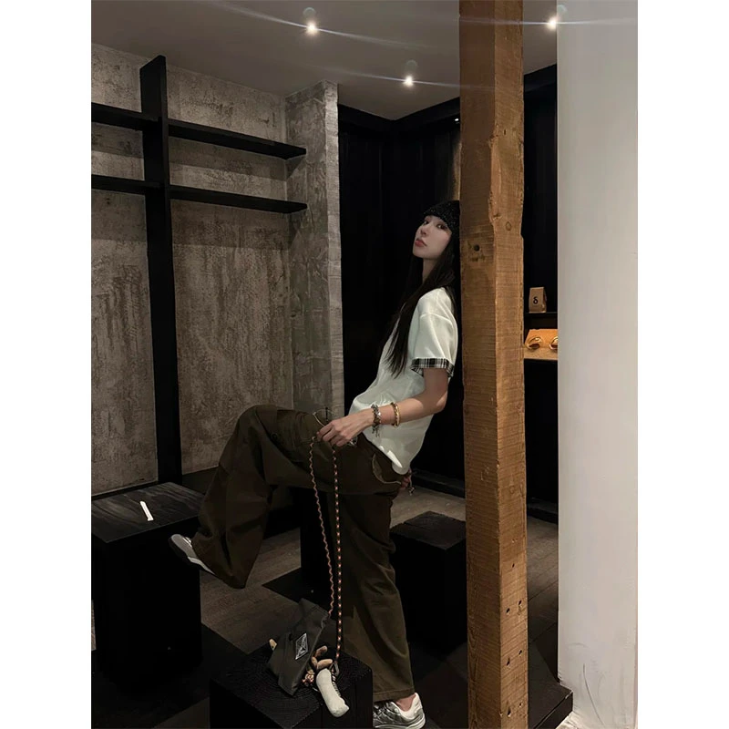 甜酷辣妹套装撞色拼接短袖短T恤女夏季复古咖色工装裤长裤两件套