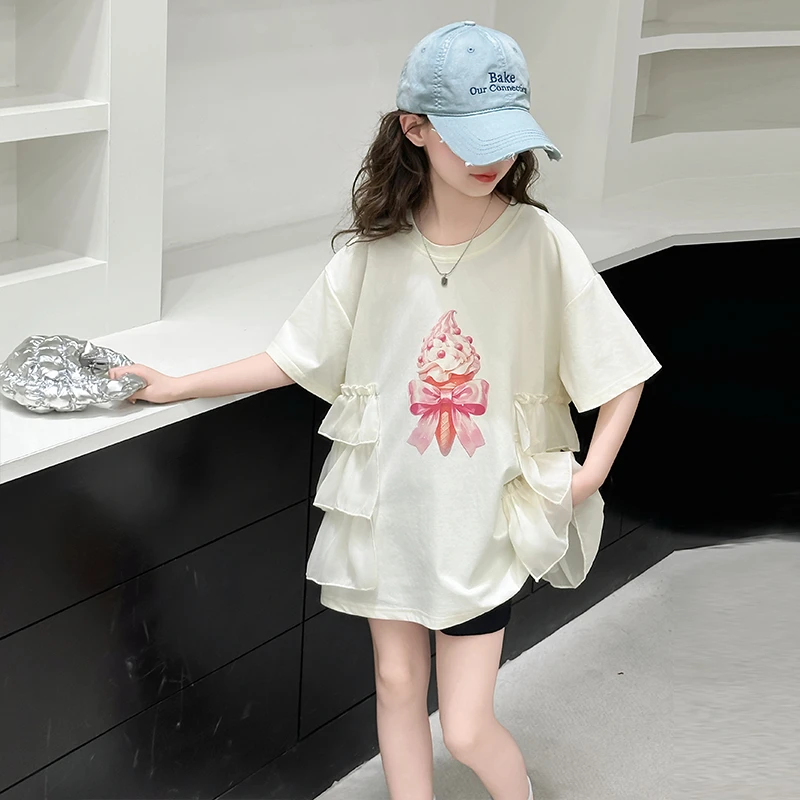 女童花边甜美短袖t恤宽松洋气2025新款中大童韩版休闲套头上衣潮