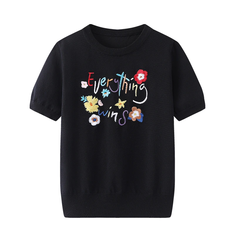 女装针织衫字母花朵刺绣独特绝美小众时尚圆领短袖t恤上衣夏新款