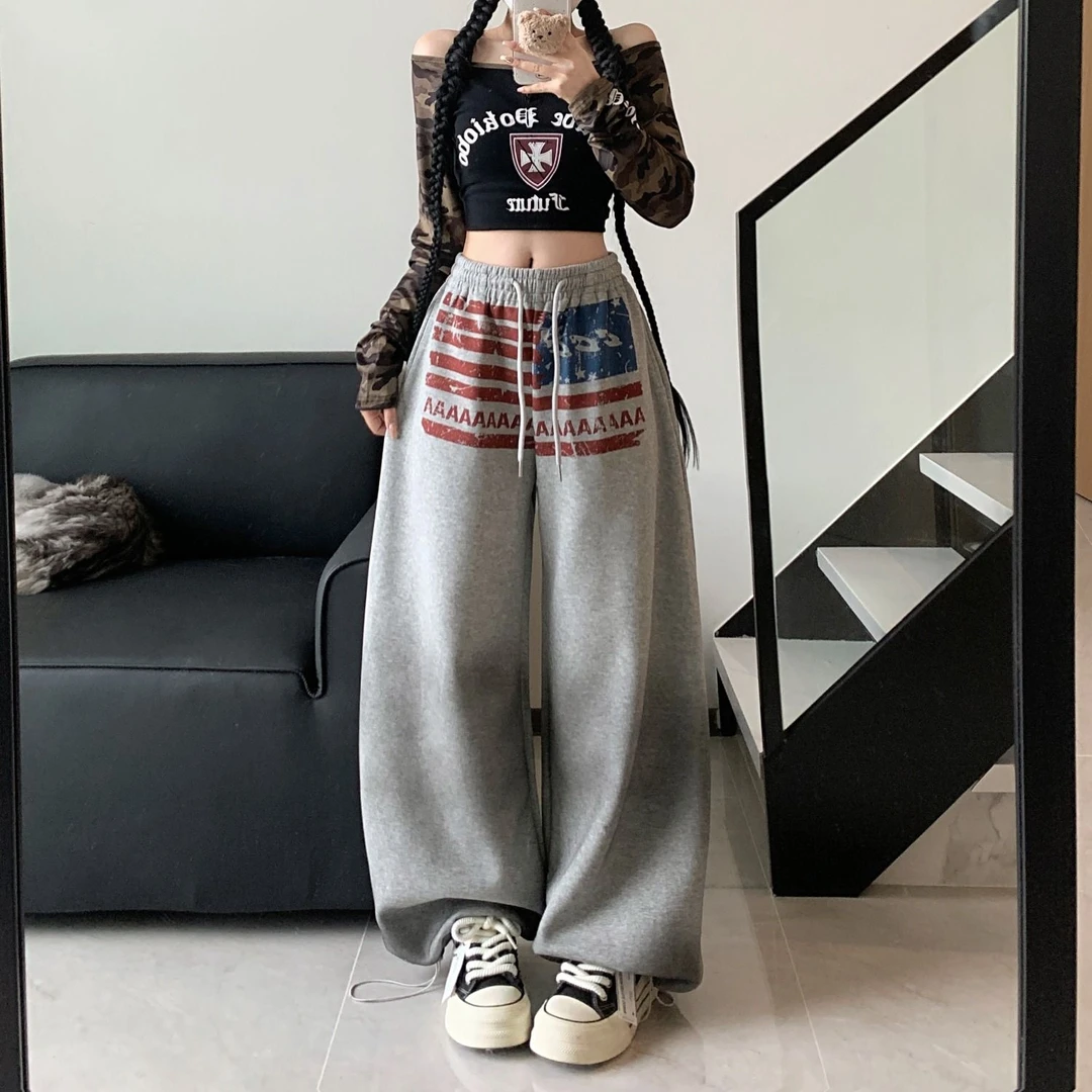 美式复古印花运动卫裤女秋季潮牌街宽松阔腿垂感直筒休闲裤