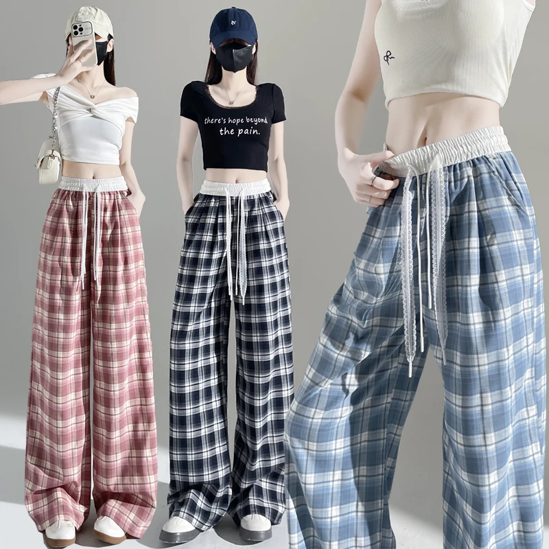 美式复古冰丝格子裤女蕾丝抽绳阔腿裤垂感松弛慵懒风休闲爵士舞裤