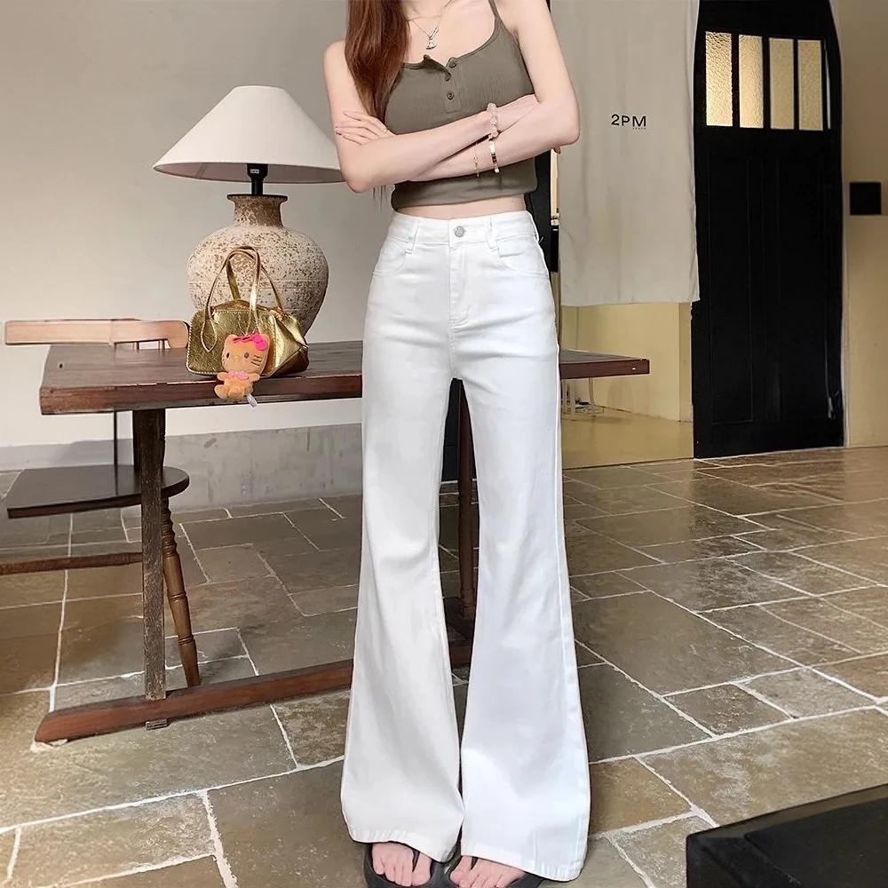 美式复古白色弹力微喇牛仔裤女新款秋夏季高腰显瘦直筒百搭喇叭裤