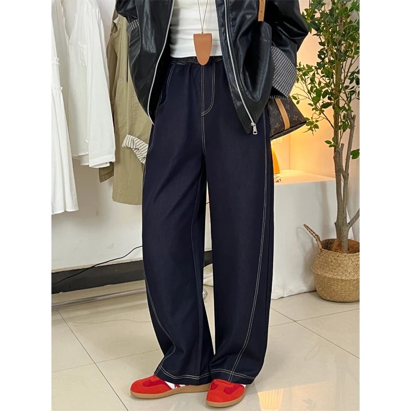 春季新款复古明线设计牛仔阔腿裤松紧高腰抽绳弯刀休闲裤香蕉裤