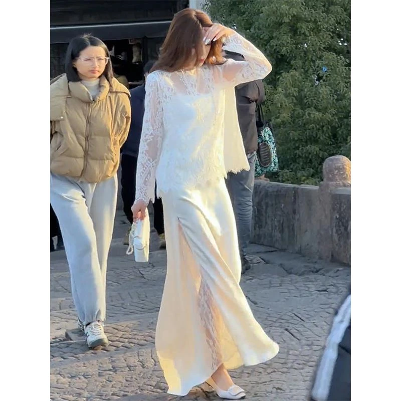 开春穿搭套装2025新款女装高级感蕾丝衬衫垂感高腰半身裙两件套装