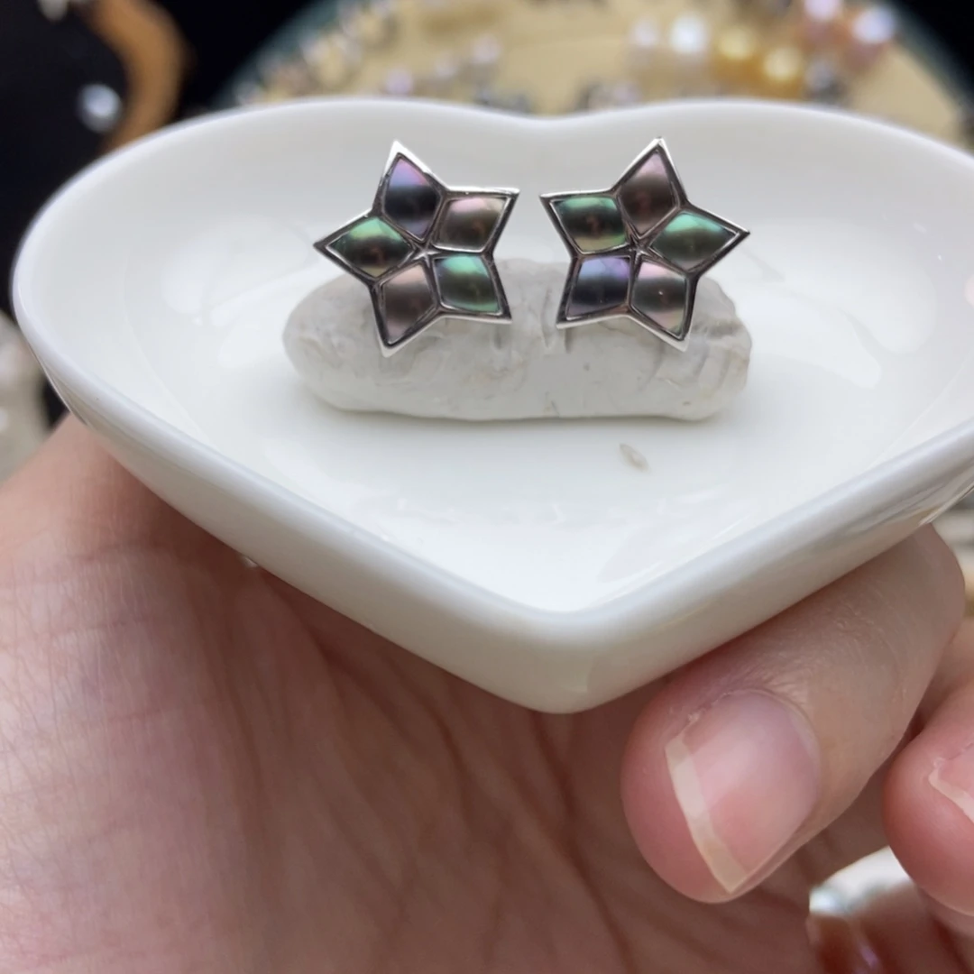 海水珍珠画框银S925镶嵌炫彩大溪地珍珠切割五角星耳钉