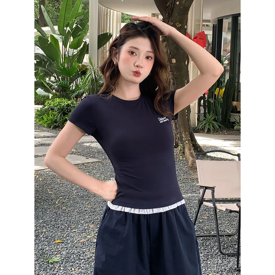 【尔给】夏季甜妹风收腰T恤女短袖修身显瘦圆领时尚显瘦百搭上衣女