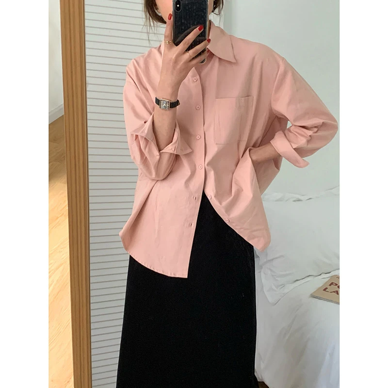 打底衫女内搭可外穿洋气盐系复古宽松衬衫翻领秋季小个子粉色衬衣