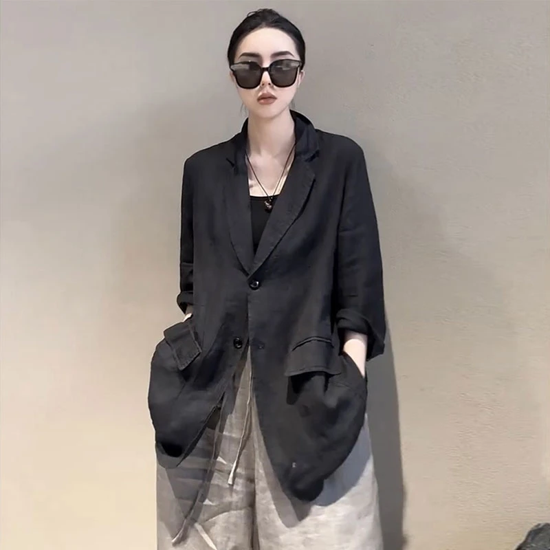 高级感宽松中长款麻料西装外套女欧洲站2025春季新款百搭纯色上衣