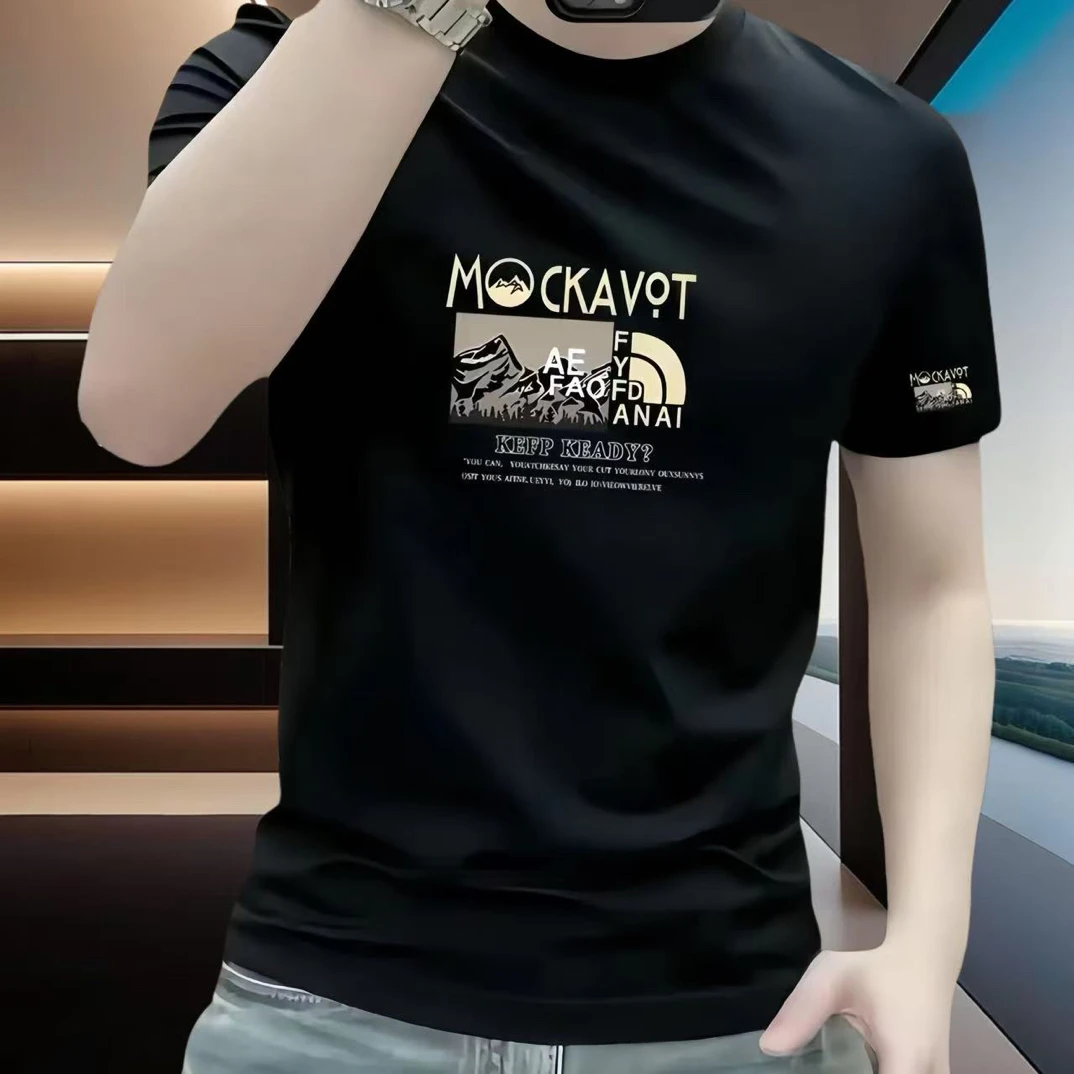 2025夏秋新款纯棉短袖时尚帅气宽松圆领印花高级感男装正肩t恤男