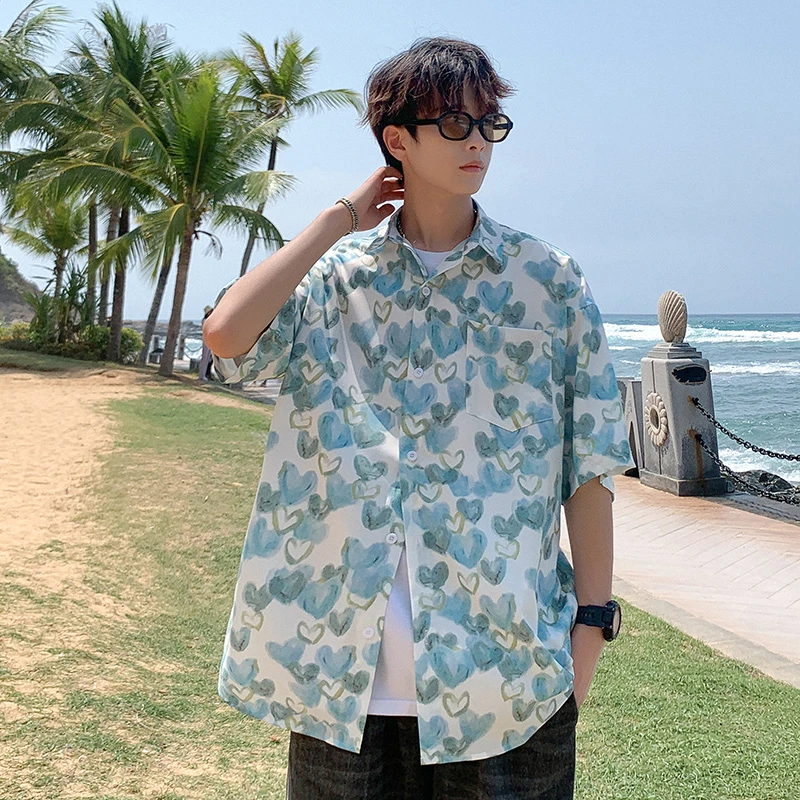 冰丝薄款复古休闲沙滩港风夏季短袖衬衫外套潮流宽松夏威夷衬衣男