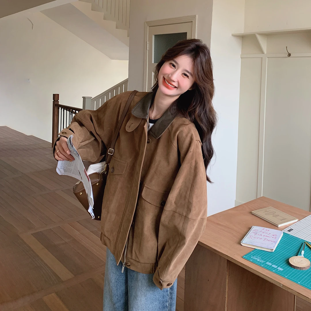 美拉德复古麂皮绒短款外套2025秋季新款酷飒PU皮翻领拼接夹克上衣