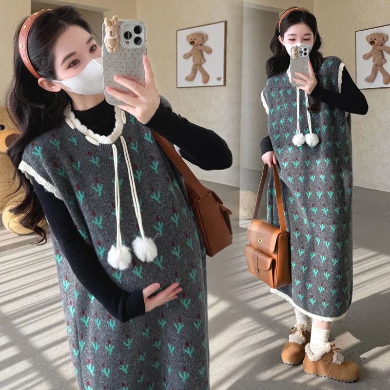 软糯针织孕妇装秋冬季套装韩版毛球提花马甲裙打底上衣毛衣连衣裙