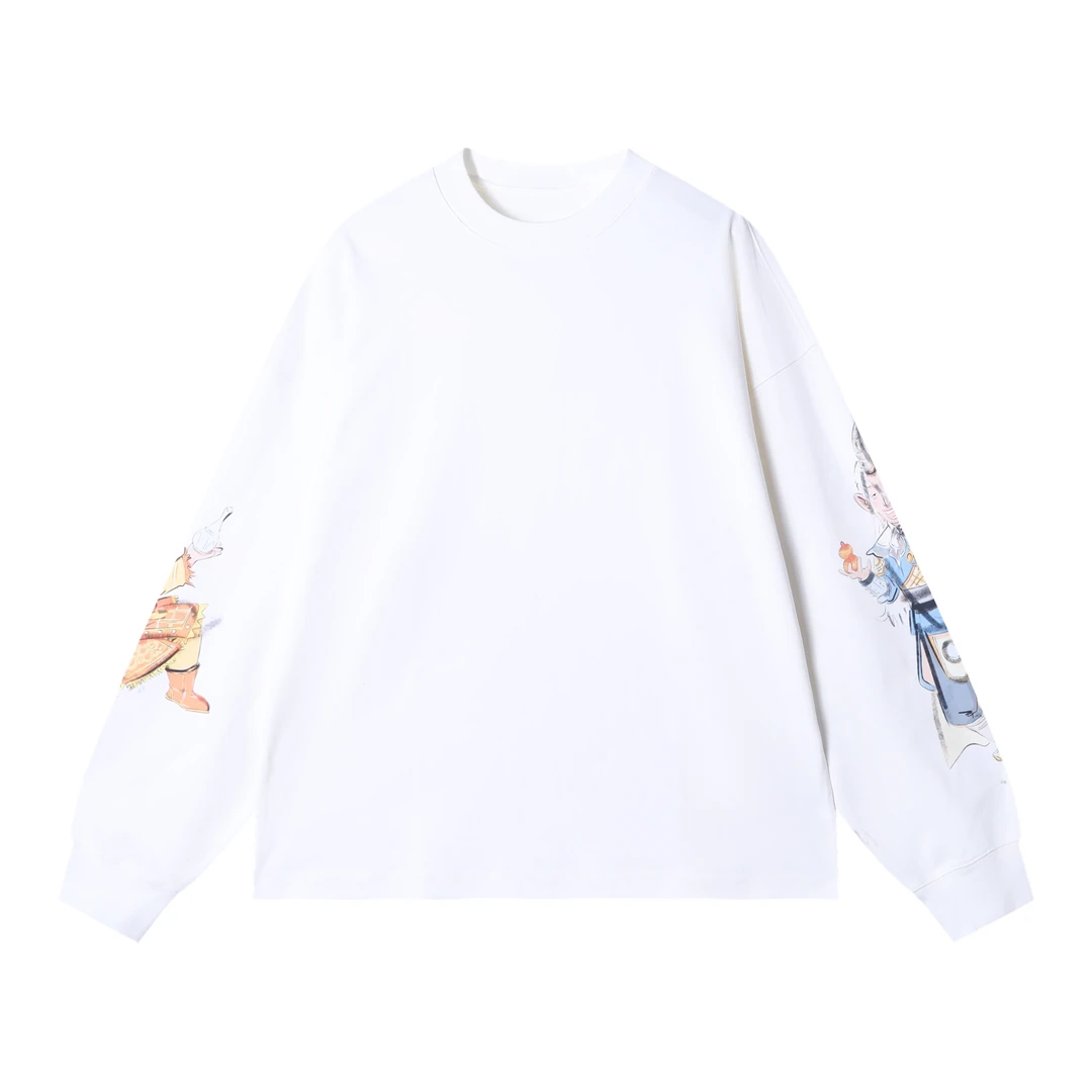 早春新款时尚个性国风涂鸦纯色圆领长袖T恤小众设计百搭套头上衣