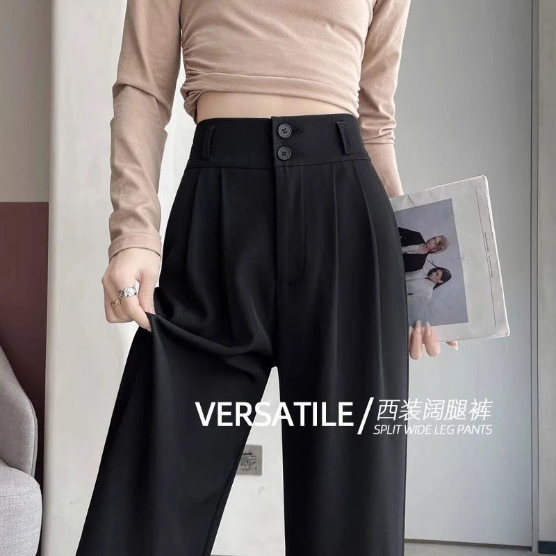 黑色双扣窄版西装裤女夏季2025新款高腰显瘦垂感休闲直筒阔腿裤子