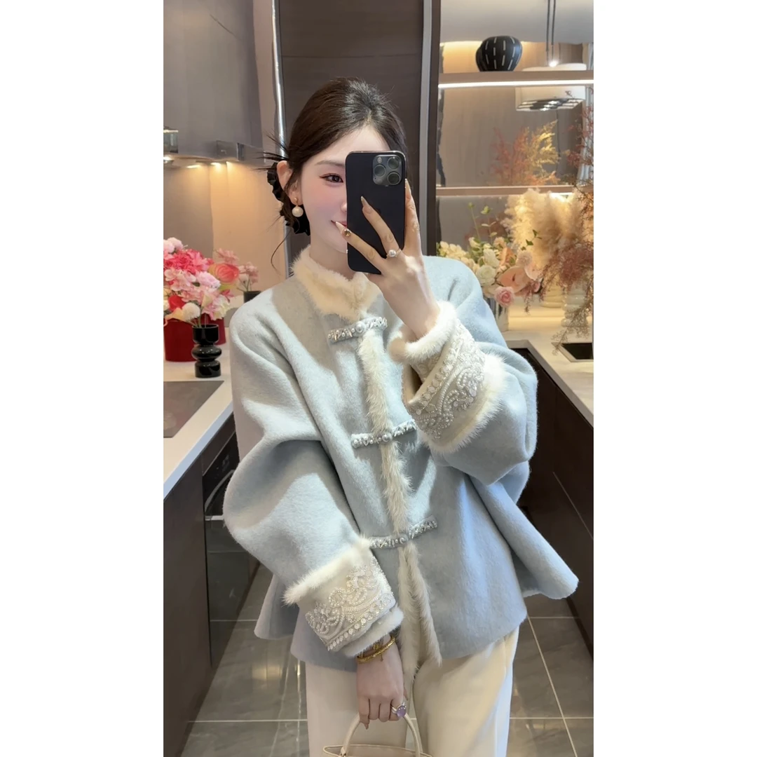 【千寻严选】【星月落】水貂毛门襟钉珠刺绣羊毛大衣JJD5DY7114