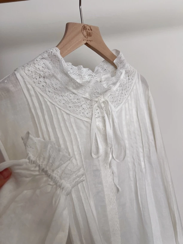 南橘【陌上轻秋】法式甜美立领蕾丝拼接麻料连衣裙高级洋气连衣裙