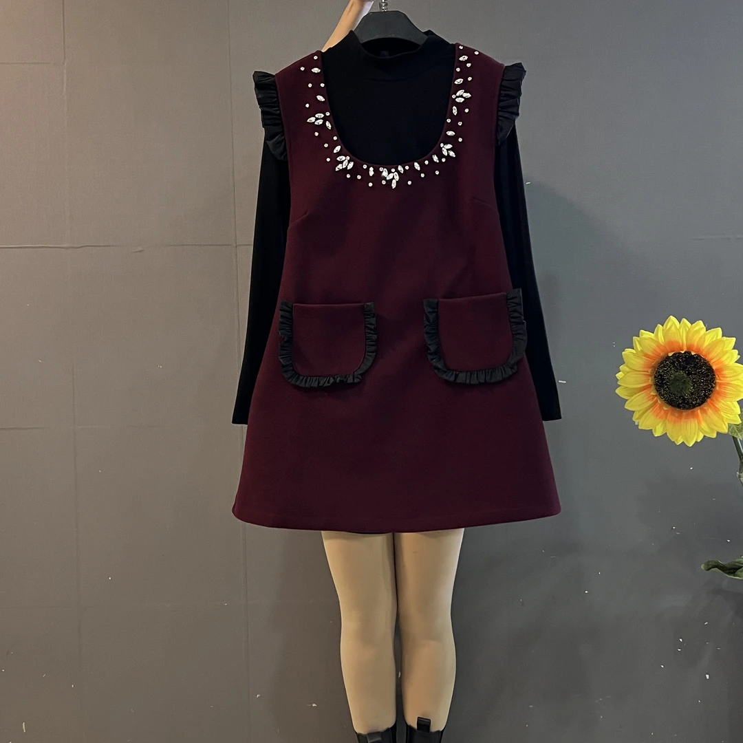 秋冬新款法式小香风长袖打底衫➕亮钻马甲裙时尚显瘦两件套