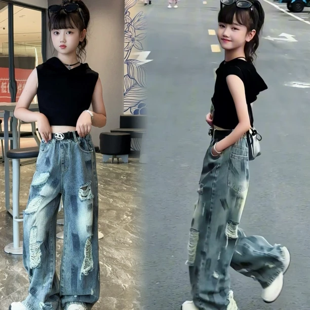 女童裤子2025新款中大童夏季薄款连帽短袖泼墨牛仔裤嘻哈美式套装