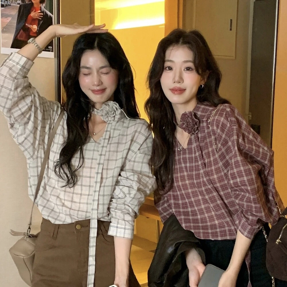 Cute Club 甜美风简约复古格子长袖衬衫秋季新款宽松休闲百搭上衣