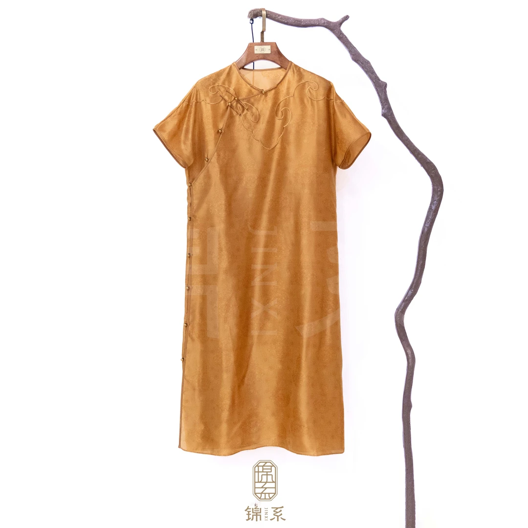 【锦系】真丝新中式国风桑蚕丝圆领斜襟螺钿工艺短袖连衣裙L-382968