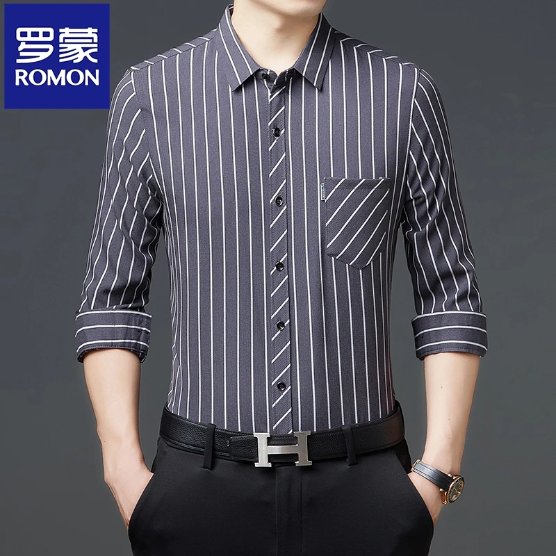 罗蒙高端桑蚕丝长袖衬衫男春秋款商务休闲高级感真口袋竖条纹衬衣