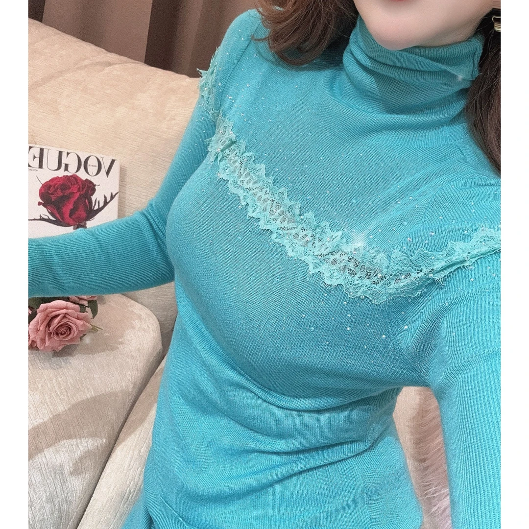 独宠【云间珊瑚】高级气质显瘦法式花朵高领蕾丝套头贴钻上衣