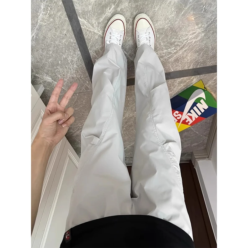 白色速干工装裤男夏季薄款美式机能斜切休闲裤修身直筒褶皱伞兵裤