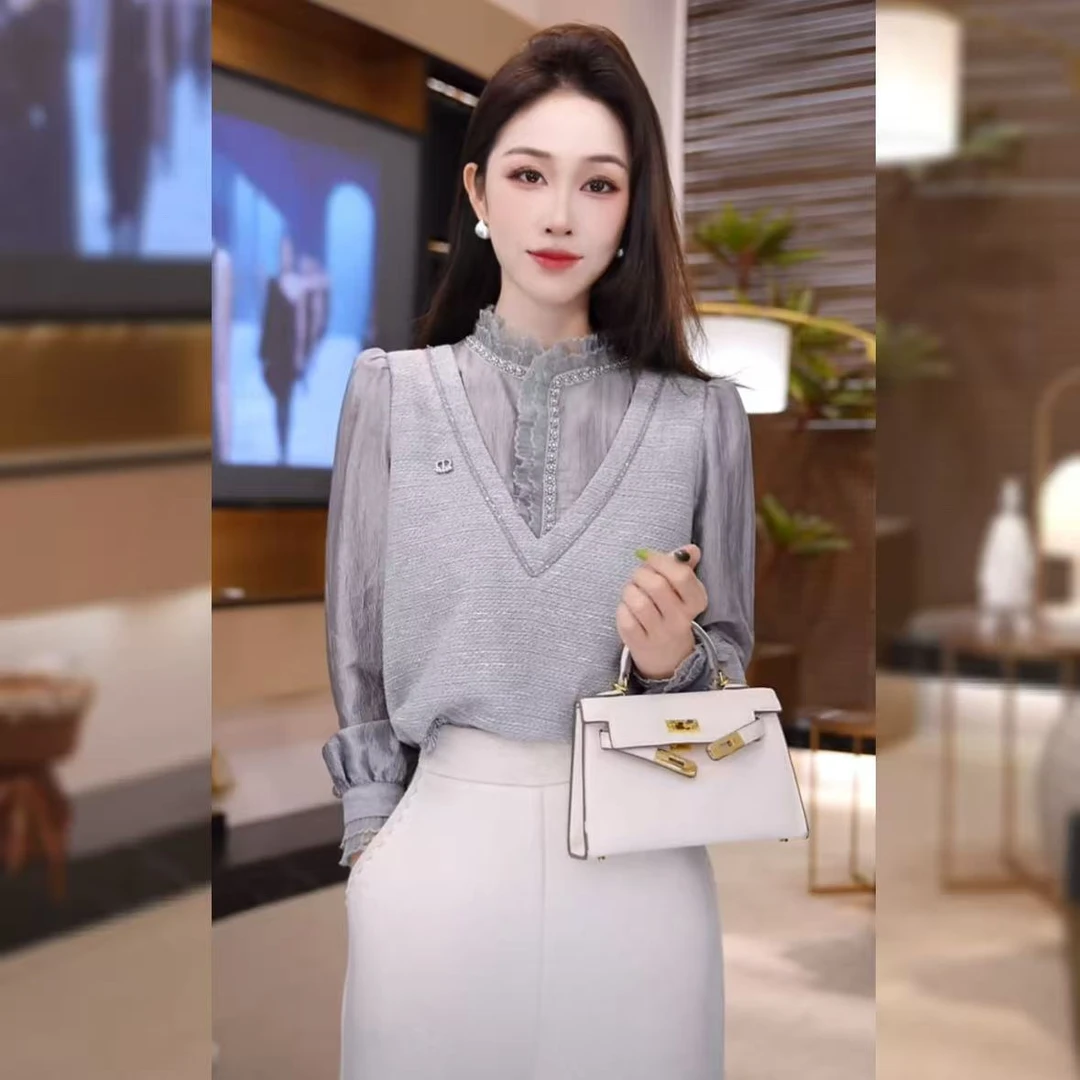 【林雪雪】雾面星河新款法式假两件宽松百搭流苏设计感衬衫116225