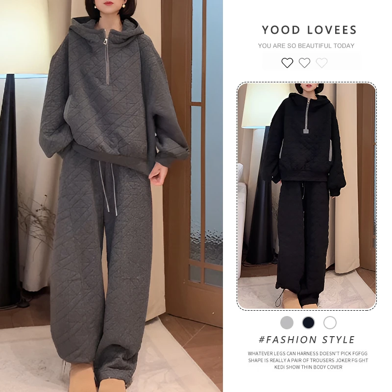 2025冬季新款时尚感减龄半拉链连帽卫衣上衣女阔腿休闲裤棉服套装
