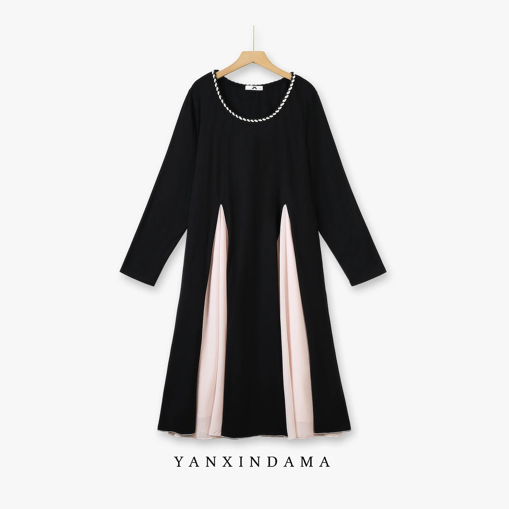 【岩心】大码女装300斤胖MM法式拼接高级感撞色简约连衣裙10271