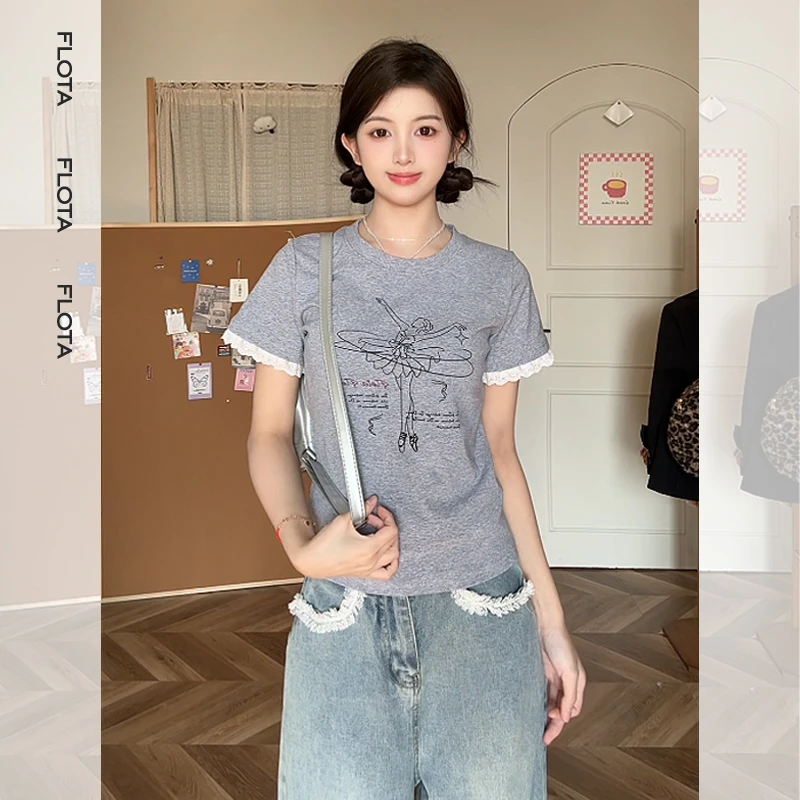 【flota】美丽芭蕾舞曲圆领短袖T恤女新款韩系小众百搭上衣1125