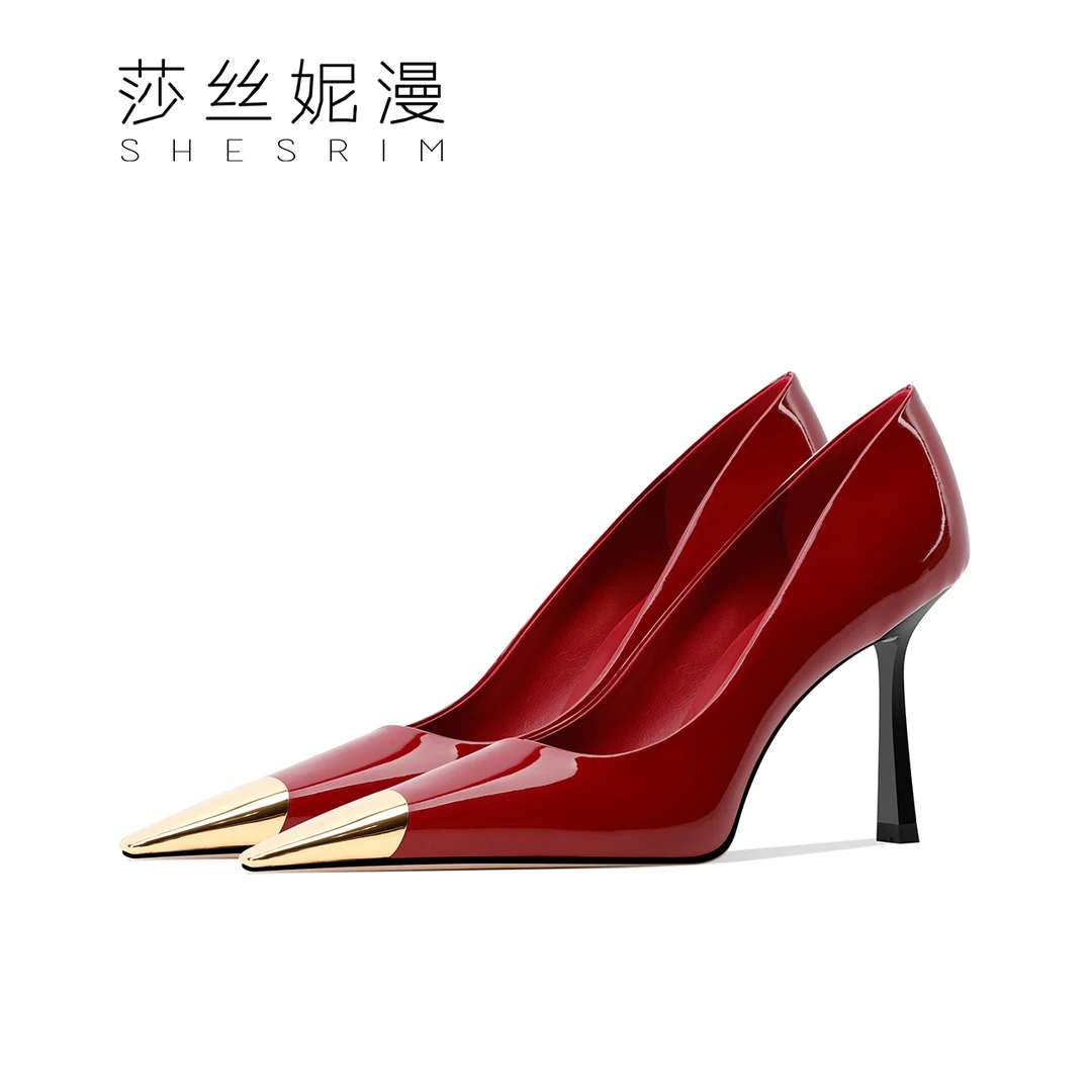 F27-气质酒红漆皮金属方头细跟单鞋女浅口性感铁头绝美高时尚春季